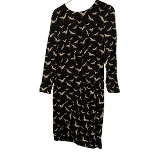Whistles British Designer black white birds print ruched dress 10